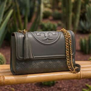 NEW Tory Burch Fleming Overcast Gray Leather Small Convertible Shoulder Bag